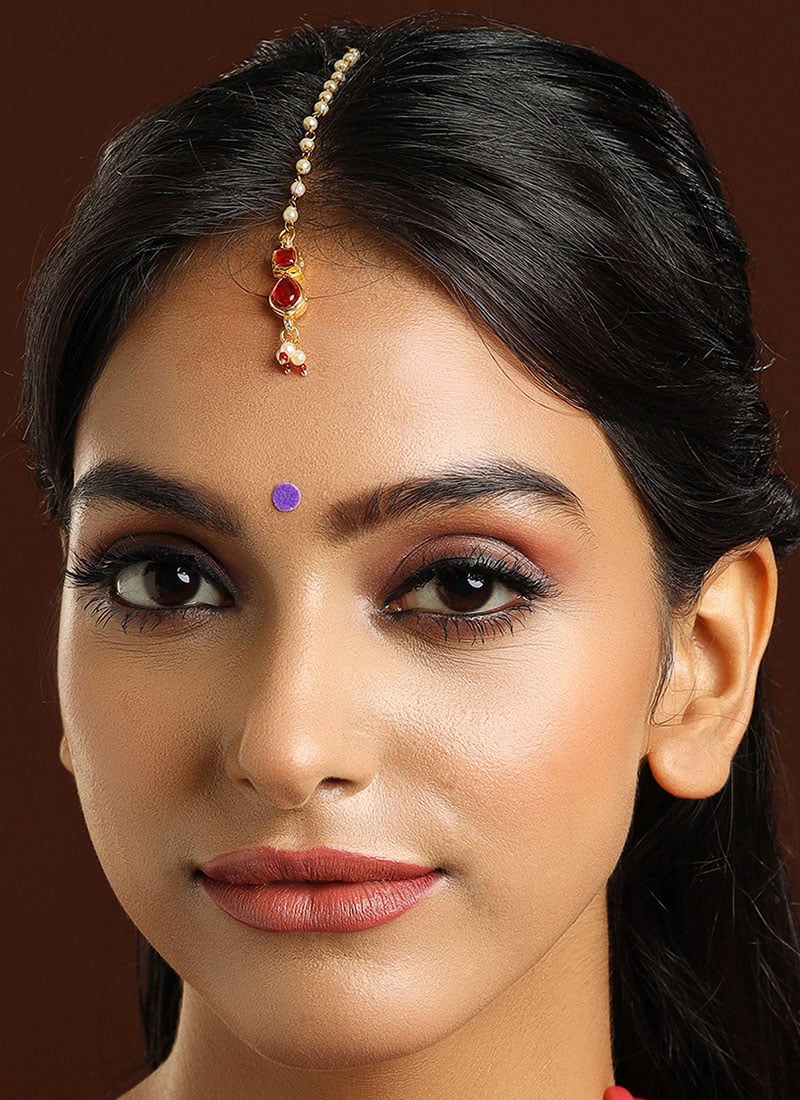 Red Kundan Beaded Mangtikka Festive Wear