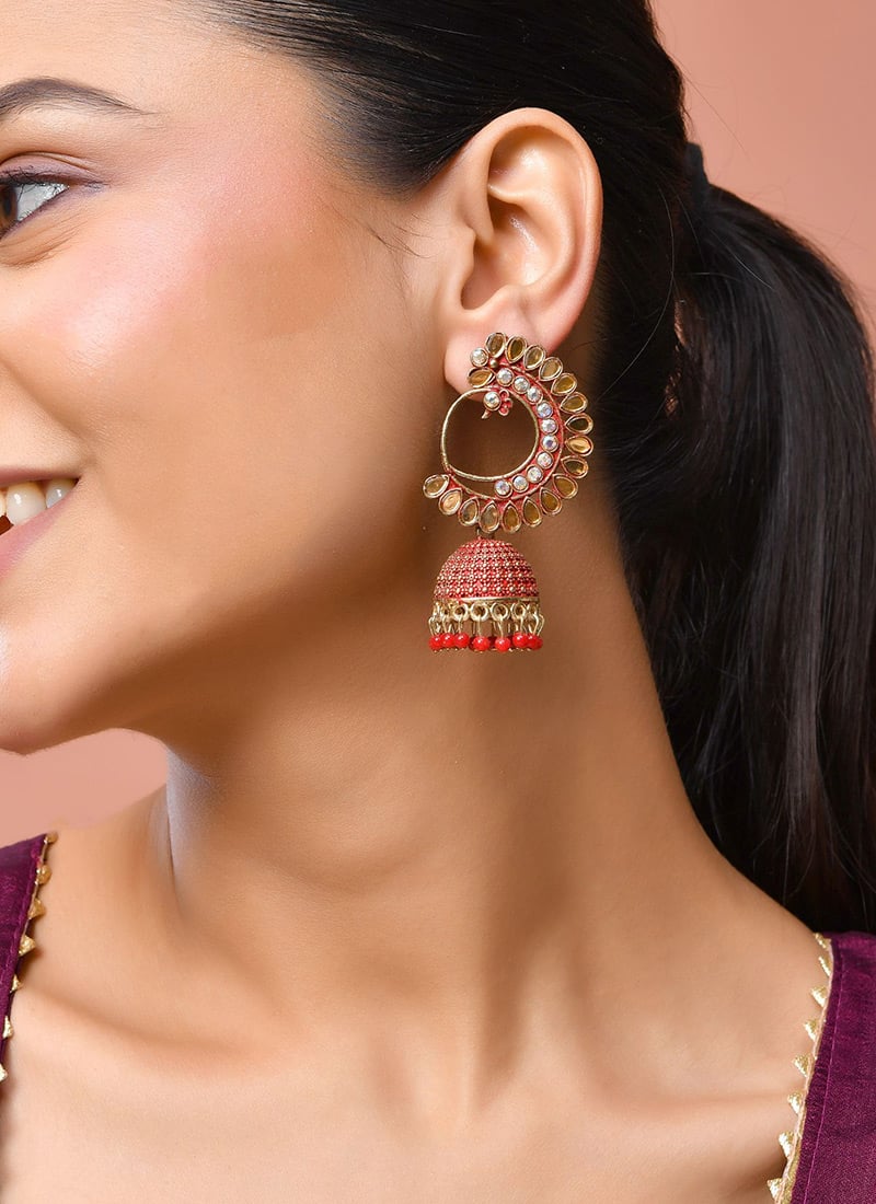 Red Kundan Beads Jhumka Festive Wear