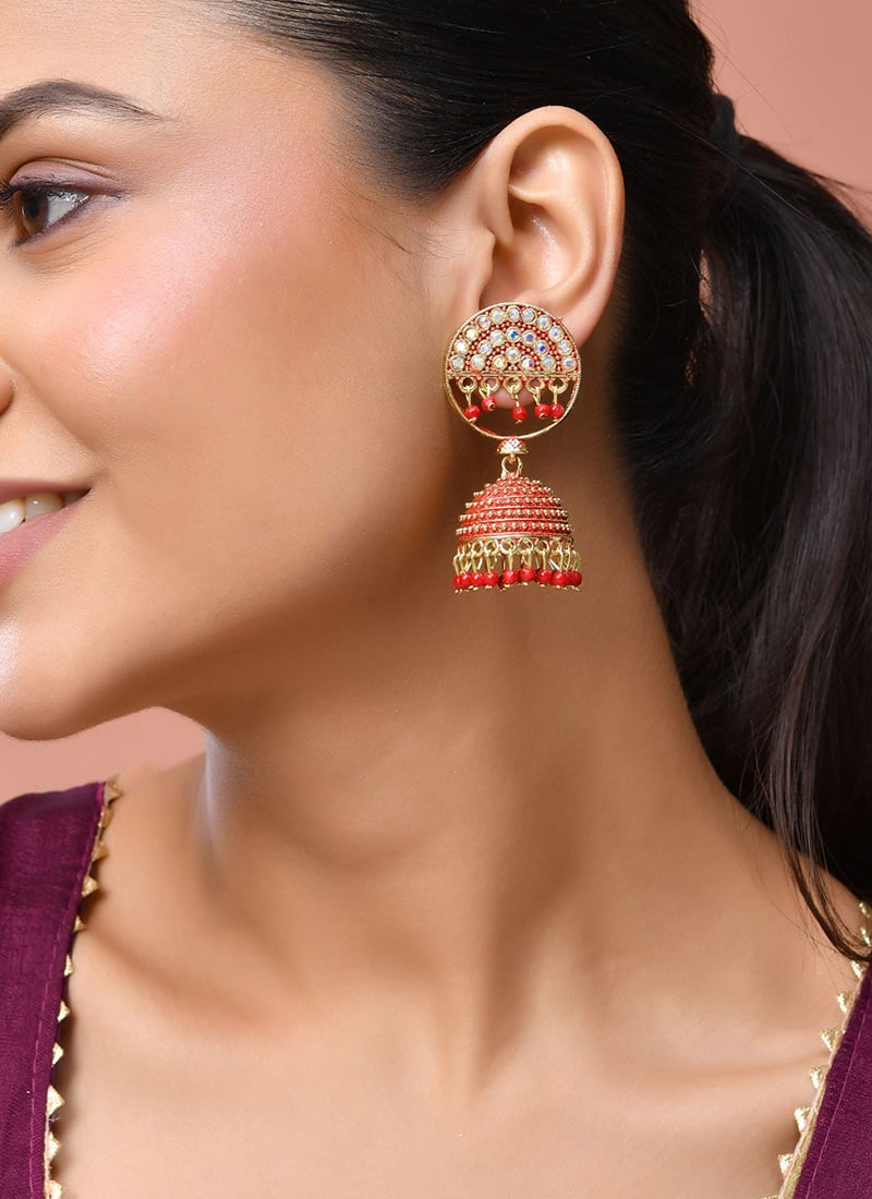 Red Kundan Beads Jhumka Festive Wear