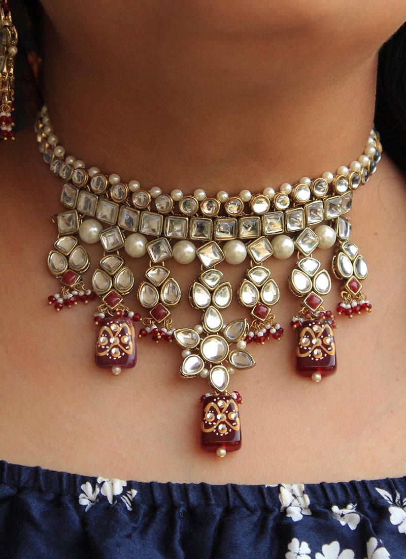 Red Kundan Moti And Beads Work Choker Festive Wear