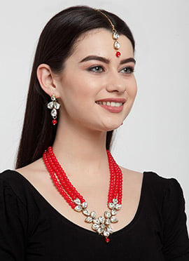 Red Kundan Pearl Beaded Golden Plated Necklace Set