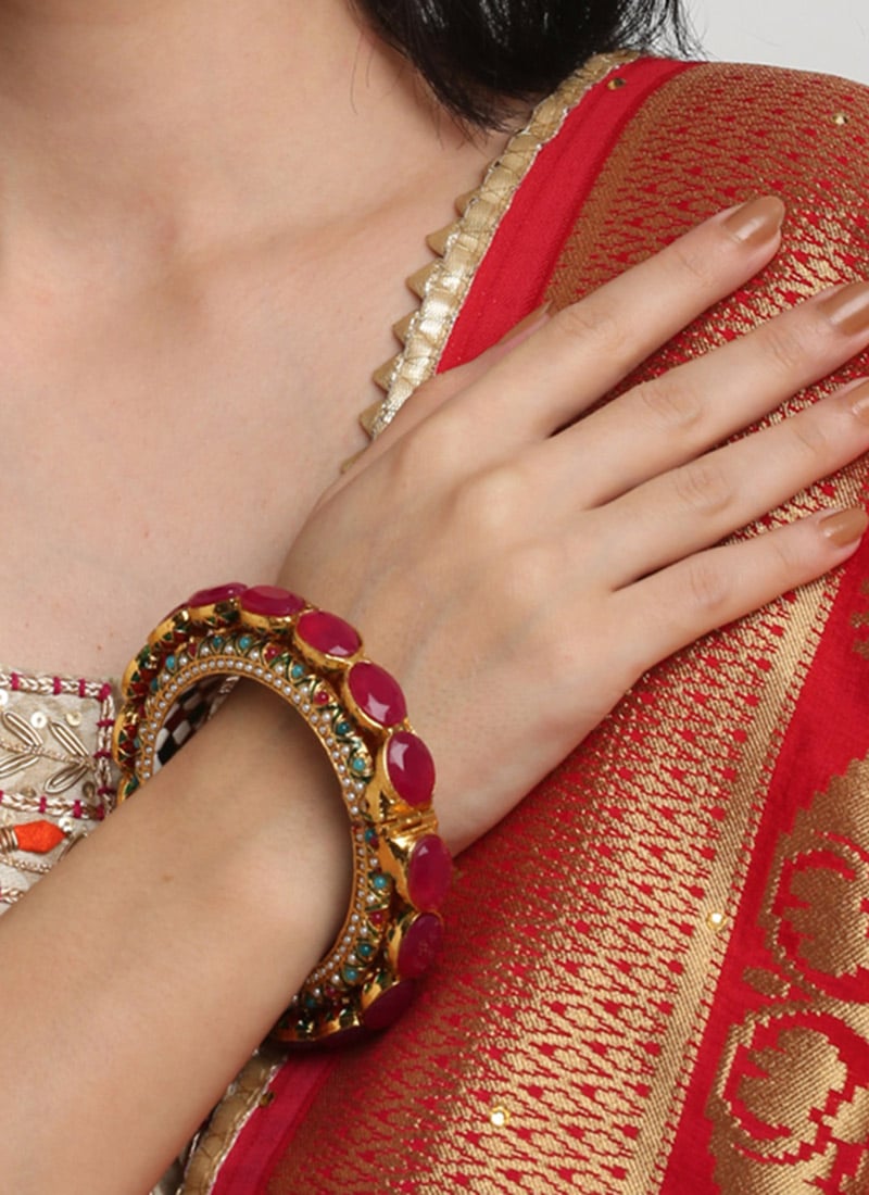 Red Kundan Stones Gold Plated Classic Kada