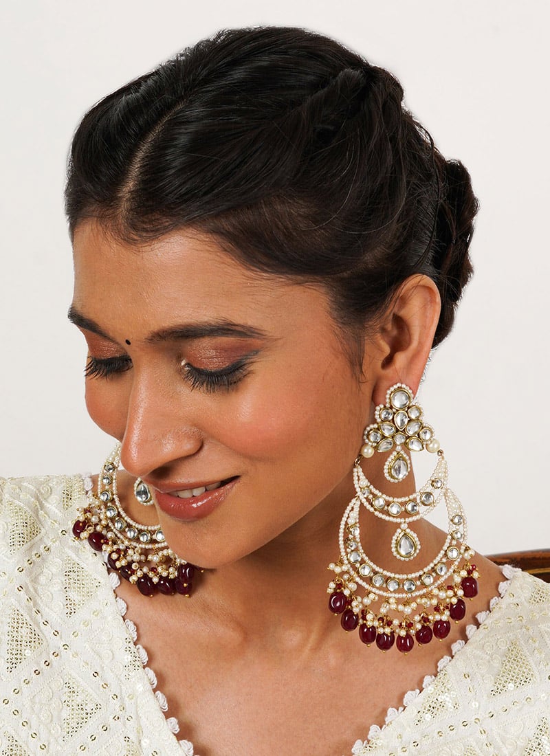 Red Kundan With Beads And Moti Chandeliers