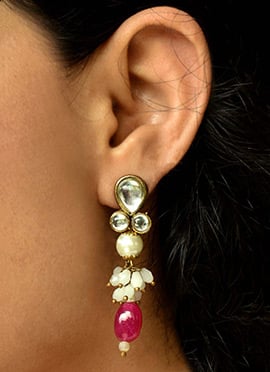 Red Kundan With Moti And Beads Danglers