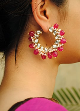 Red Kundan With Moti And Beads Hoops