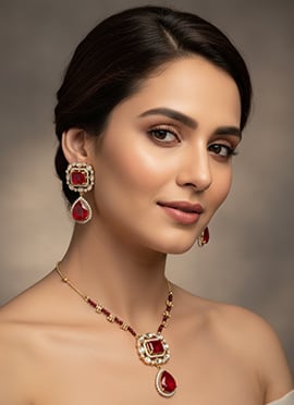 Red Kundan With Stone And Beads Work Necklace Set