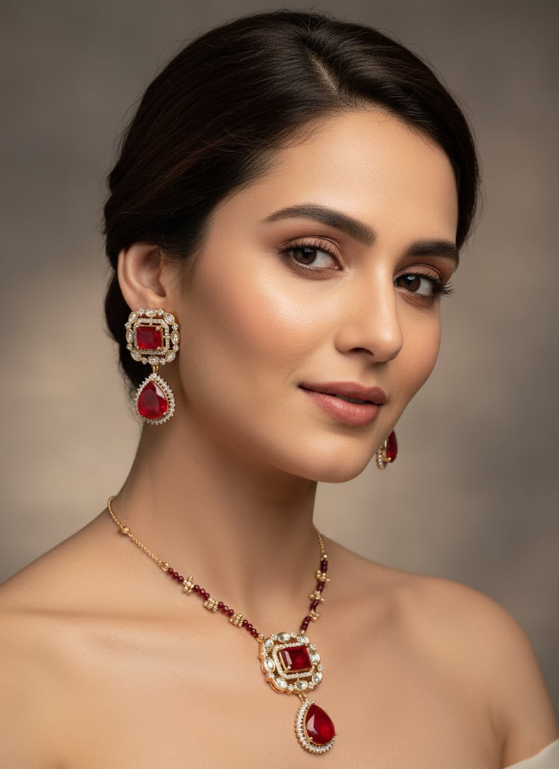Red Kundan With Stone And Beads Work Necklace Set Wedding Wear