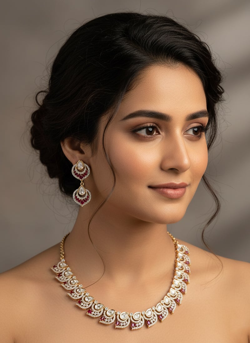 Red Kundan With Stone Work Necklace Set