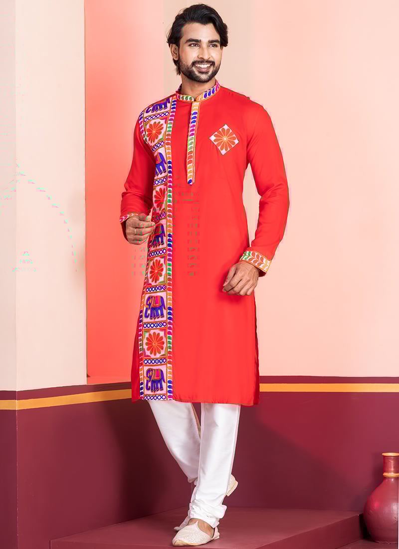 Red Kutch Work Kurta Pyjama Festive Wear