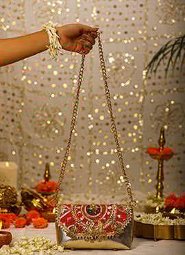 Red Leather Gota Embroidered Sequins Hand Bag