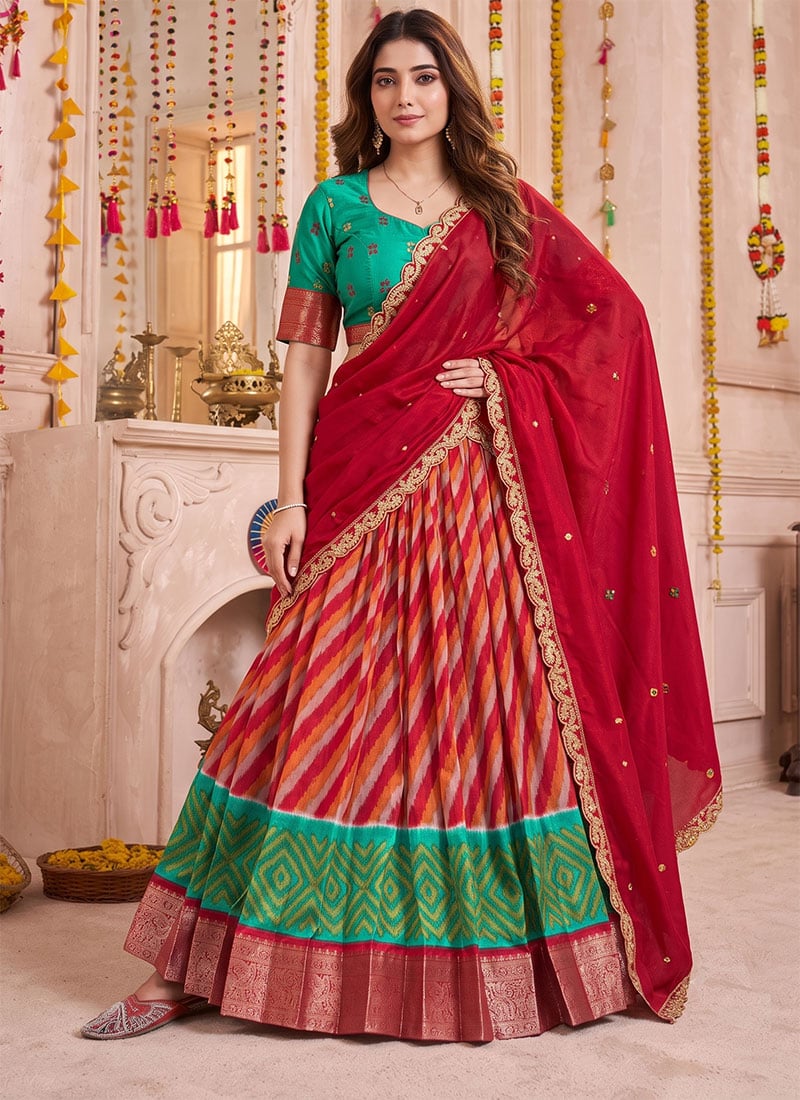 Red Leheriya Zari Woven Tussar Silk Lehenga Festive Wear