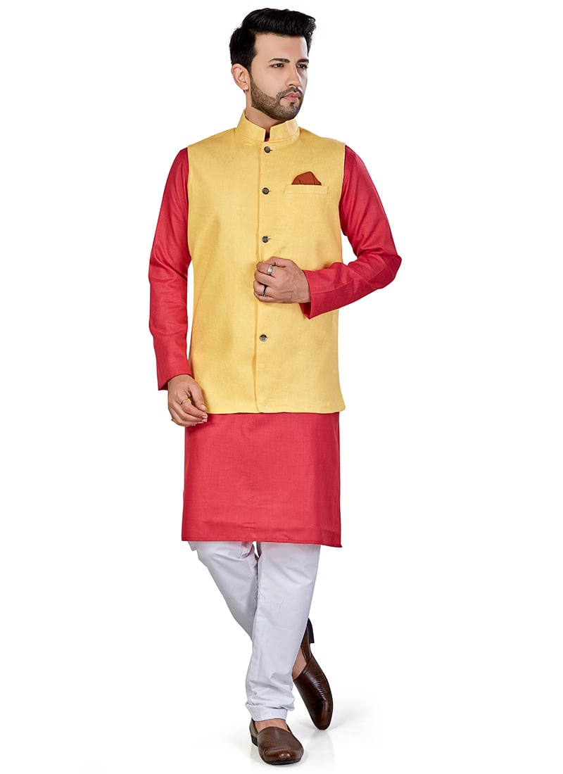 Red Linen Blend Kurta Pyjama With Jacket