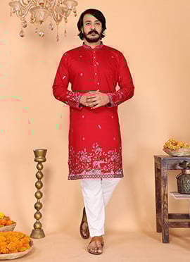 Red Linen Cotton Embroidered Sequins Kurta Pyjama