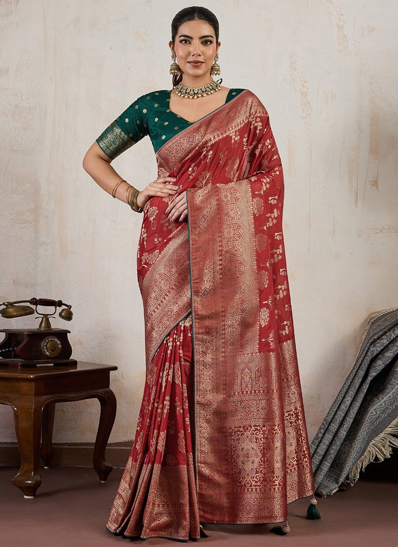 Red Makhmal Soft Silk Zari Meenakari Work Saree Festive Wear