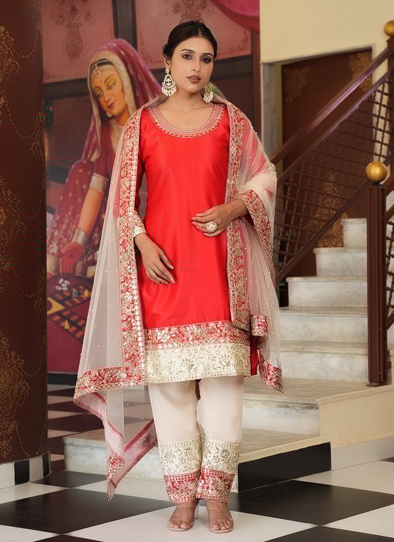Red Malai Satin Embroidered Sequins Straight Pant Suit Festive Wear
