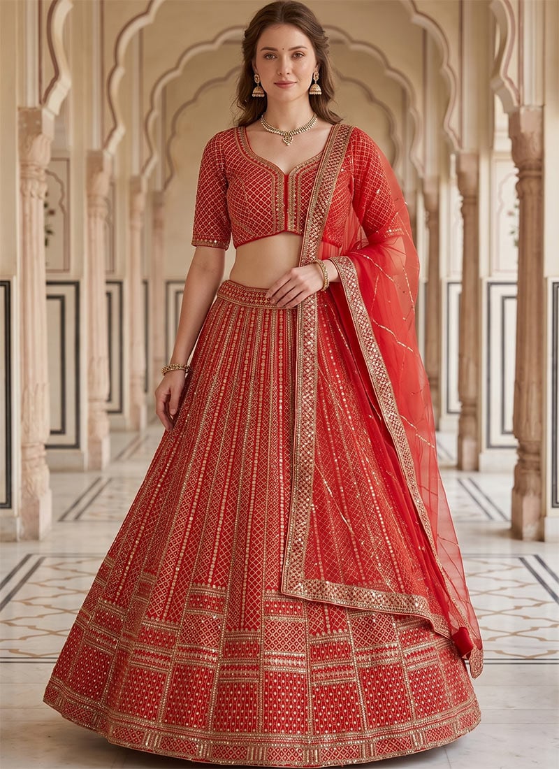 Red Malai Satin Embroidery Sequins Lehenga Wedding Wear