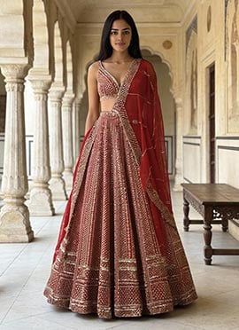 Red Malai Satin Sequins Embroidered Umbrella Lehenga