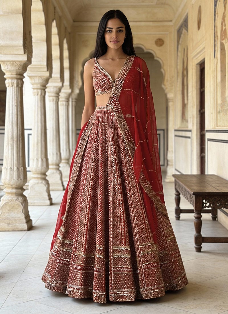 Red Malai Satin Sequins Embroidered Umbrella Lehenga Wedding Wear