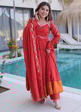 Red Malmal Chanderi Silk Mirror Work Anarkali Suit