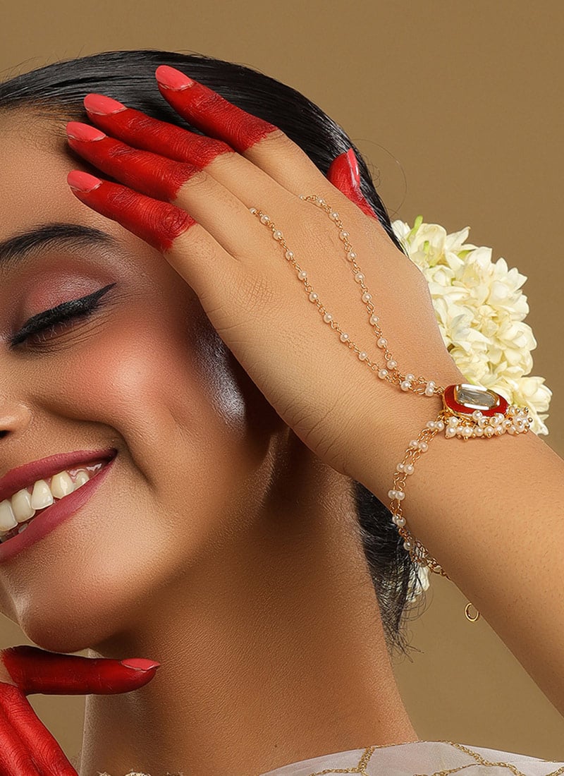 Red Meenakari Square Kundan With Beads Haath Pool Festive Wear