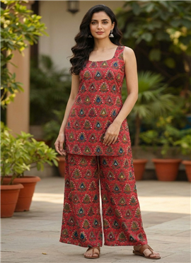 Red Modal Silk Printed Co Ord Set