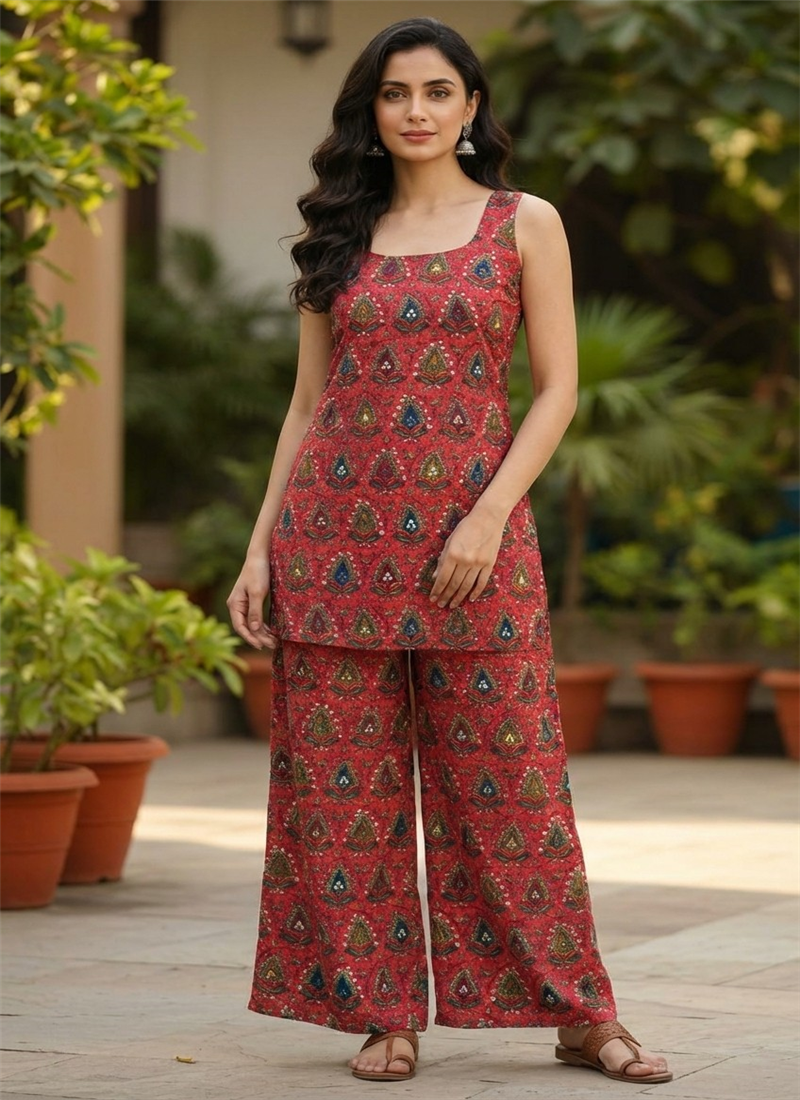 Red Modal Silk Printed Co Ord Set After Six Wear