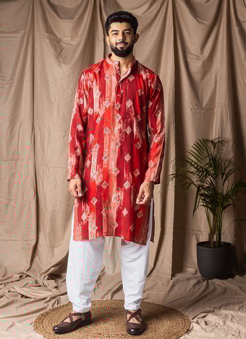 Red Modal Silk Printed Kurta Pyjama After Six Wear