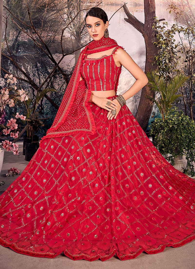 Buy Red Mono Net Sequins Embroidery 