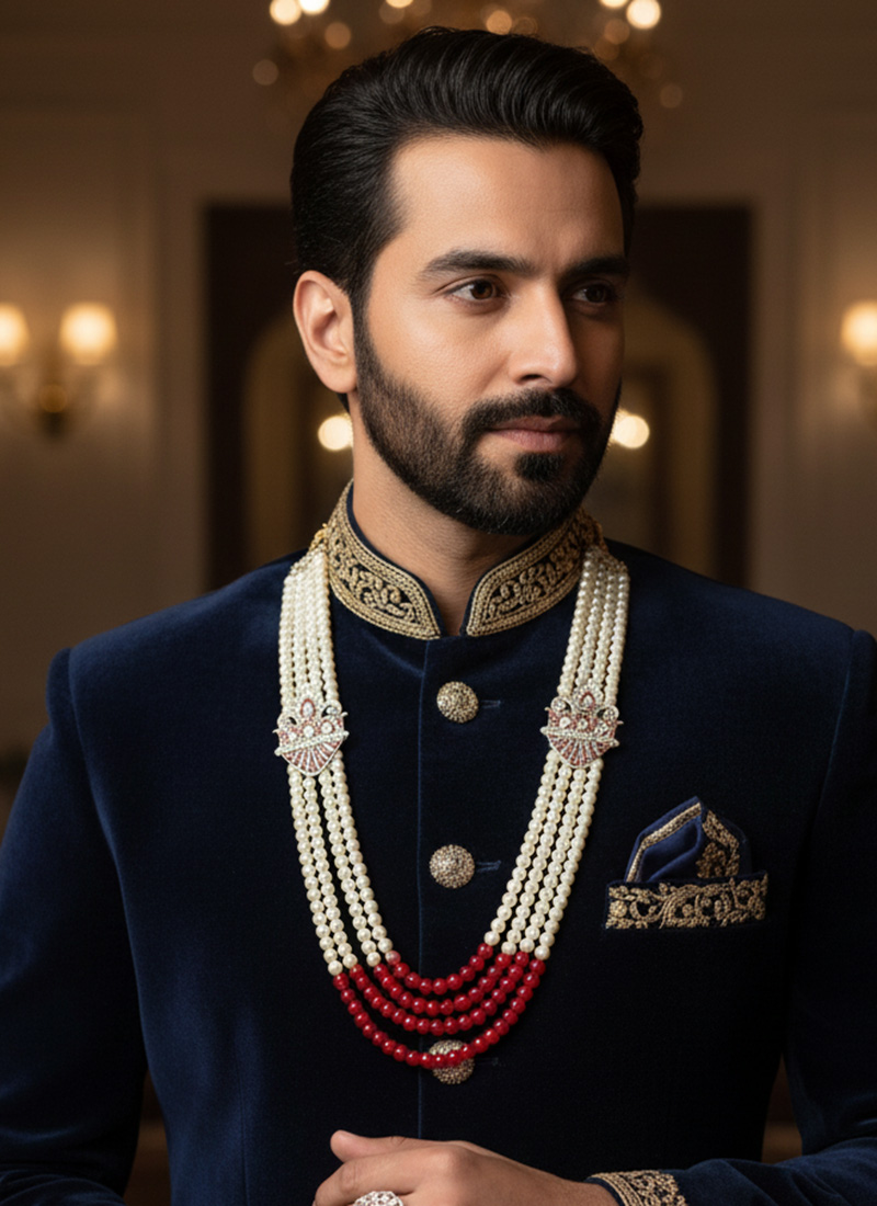 Red Moti And Kundan Men Necklace