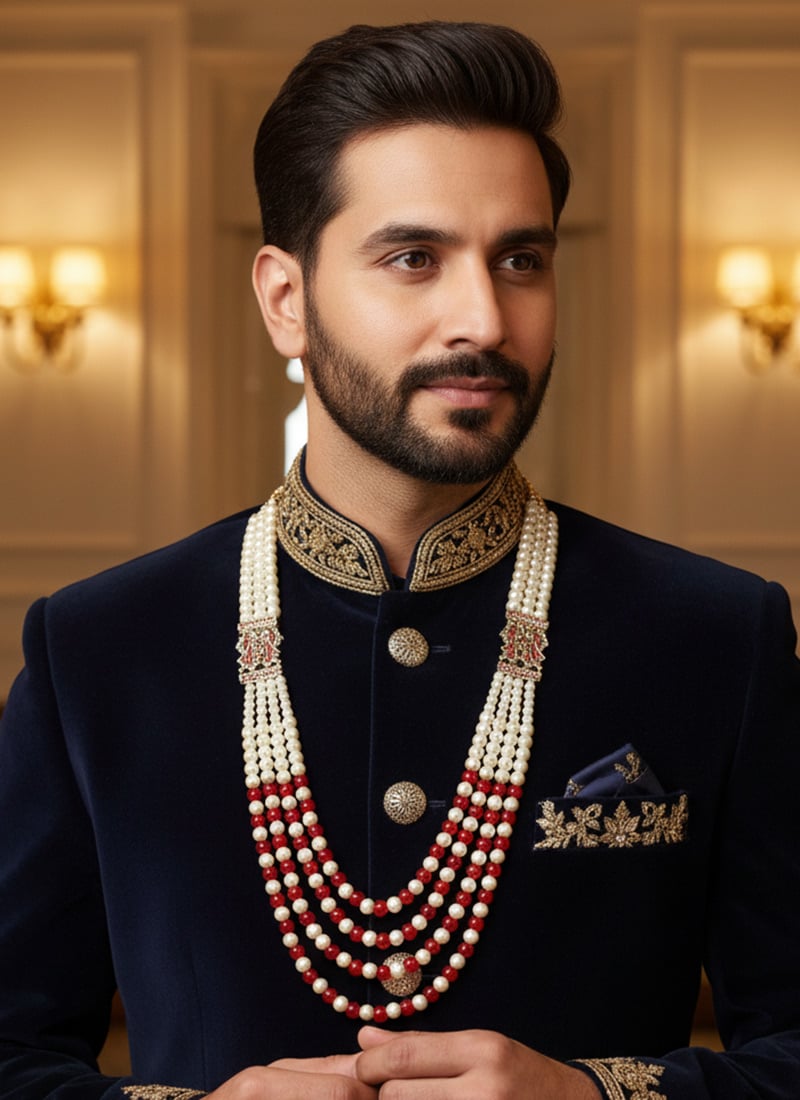 Red Moti And Kundan Men Necklace