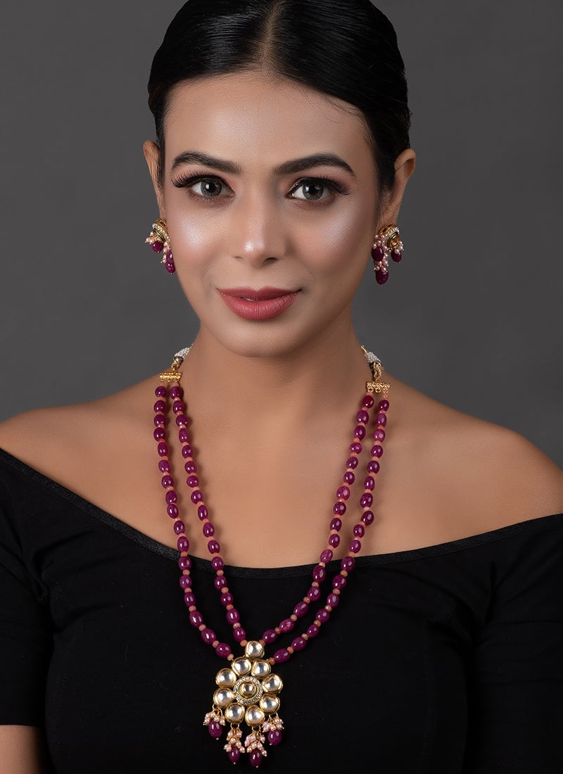 Red Moti Kundan Stones And Beads Necklace Set Wedding Wear