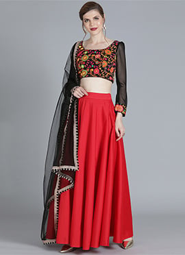 Red Multicoloured Embroidered Lehenga