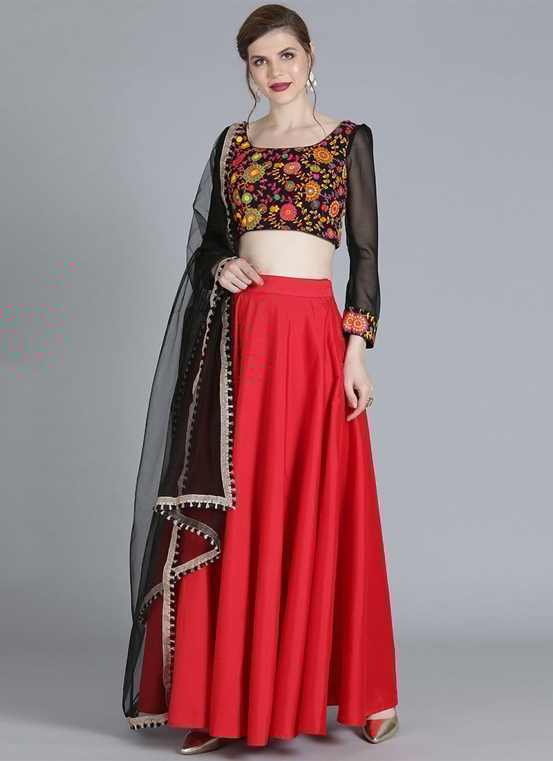 Red Multicoloured Embroidered Lehenga