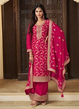 Red Munga Silk Embroidered Sequins Jacquard Palazzo Suit