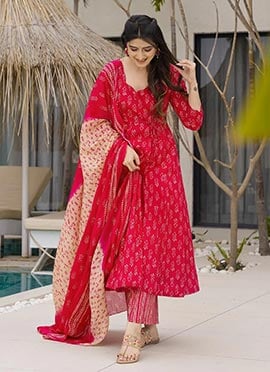 Red Muslin Digital Print Angarkha Anarkali Suit