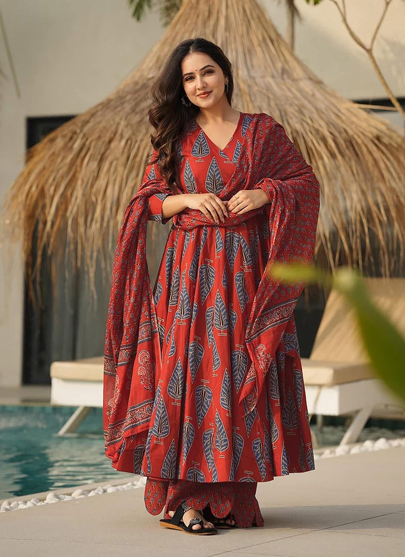Red Muslin Digital Print Palazzo Suit After Six Wear