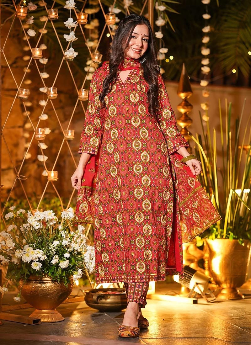 Red Muslin Digital Print Straight Pant Suit After Six Wear