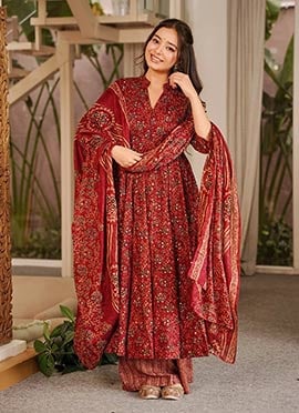 Red Muslin Floral Digital Print Anarkali Suit