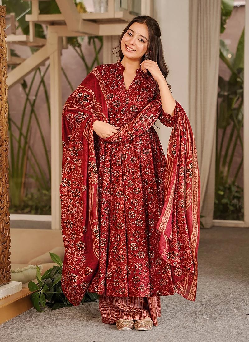 Red Muslin Floral Digital Print Anarkali Suit Festive Wear
