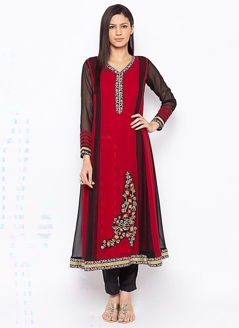 Red N Black Georgette Embroidered Kurta Straight Pant Set After Six Wear