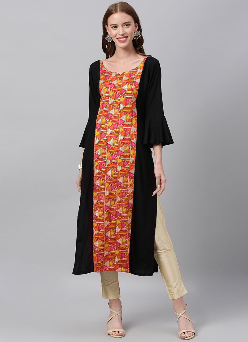 Red N Black Multicolored Printed Calf Length Kurti