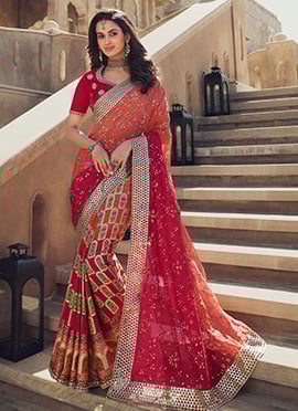 Red N Light Orange Viscose Georgette Embroidered N Zari Work Saree