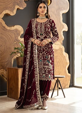 Red Natural Crepe Embroidered Patiala Salwar Suit