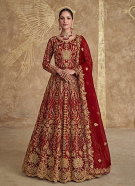 Red Net Anarkali Suit Crafted With Zari Embroidery