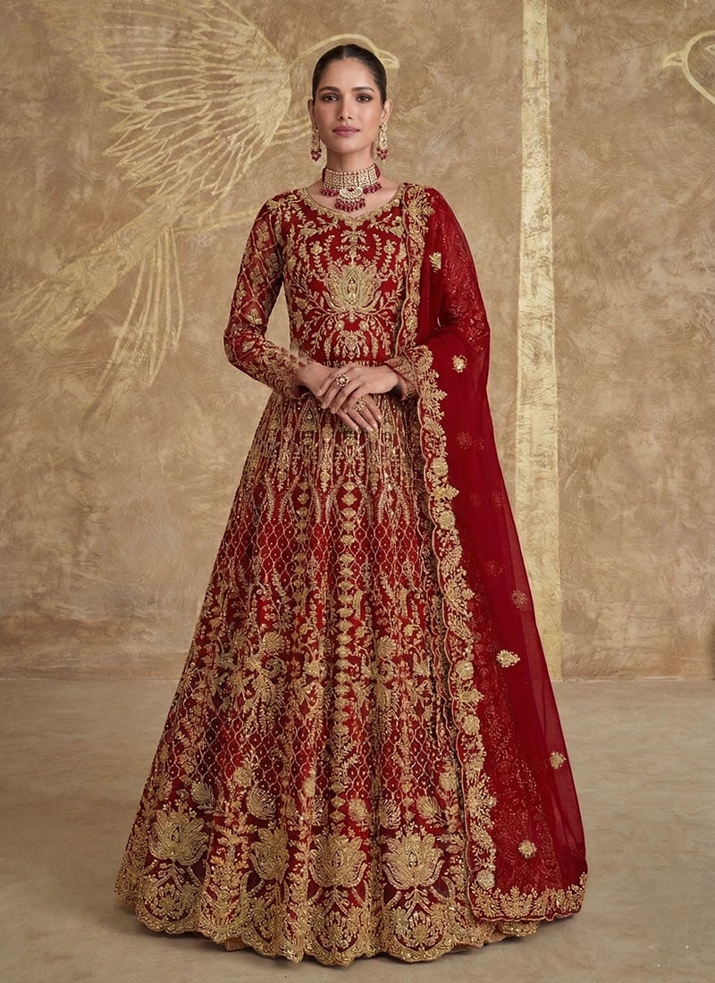 Red Net Anarkali Suit Crafted With Zari Embroidery  Wedding Wear