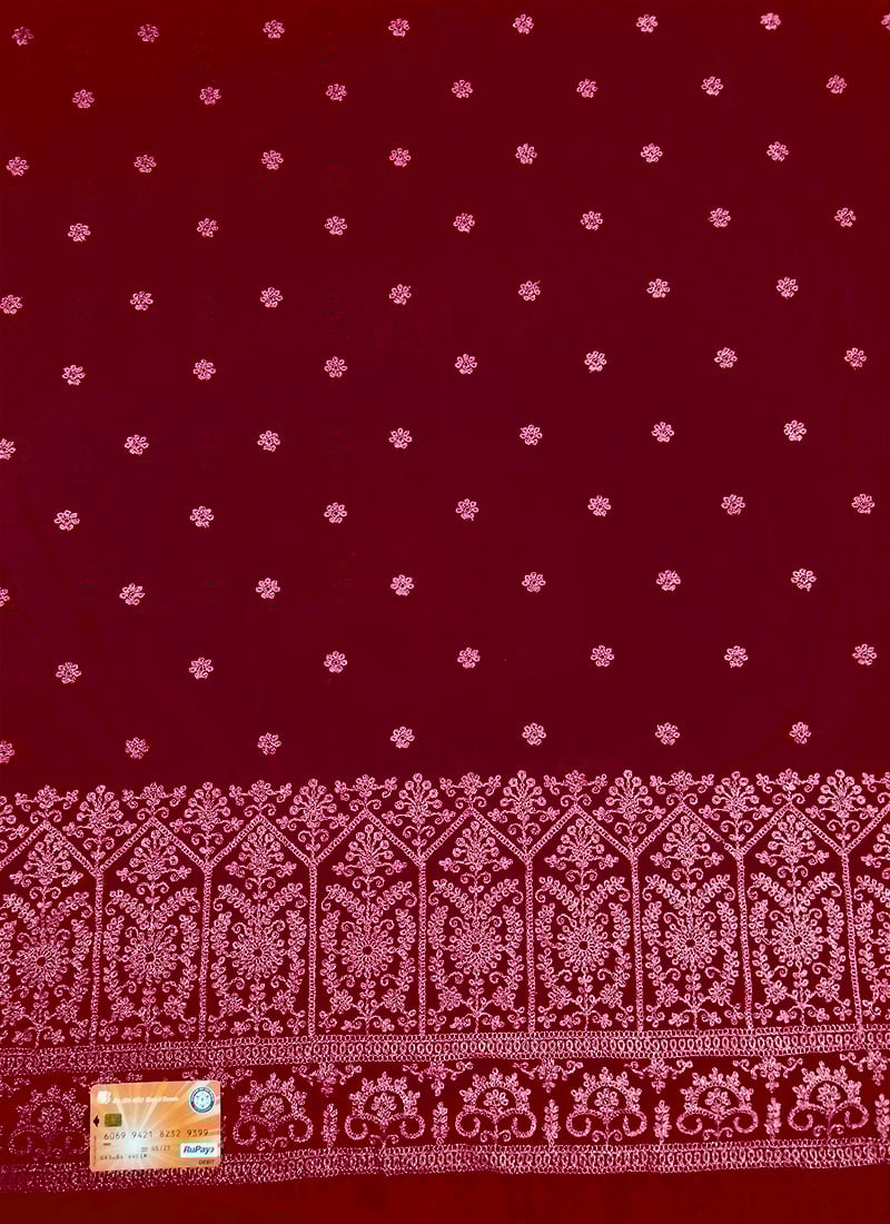 Red Net Embroidered Fabric