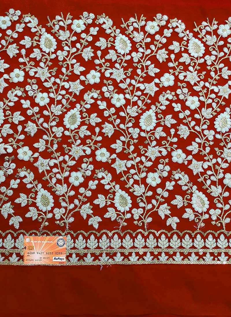 Red Net Embroidered Fabric