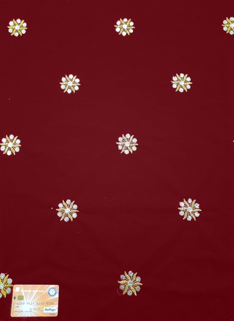 Red Net Embroidered Fabric