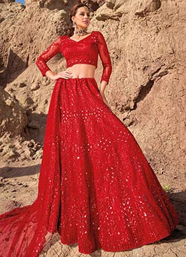 Red Net Embroidered Umbrella Lehenga