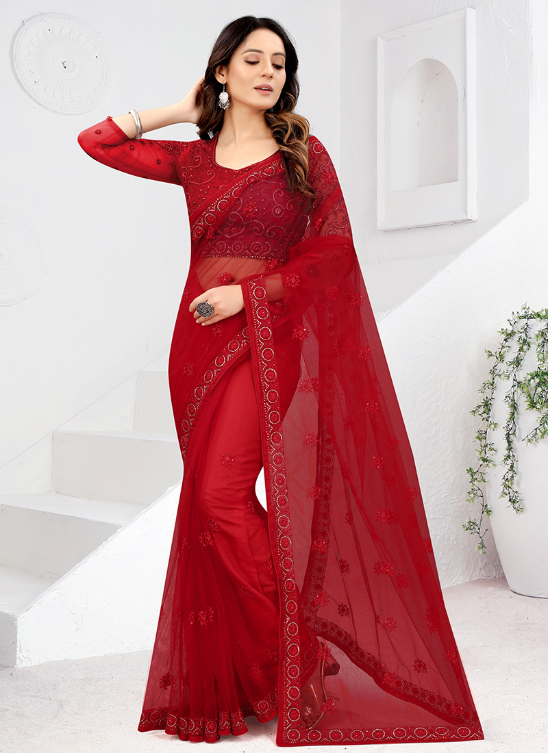 Red Net Embroidered Saree After Six Wear